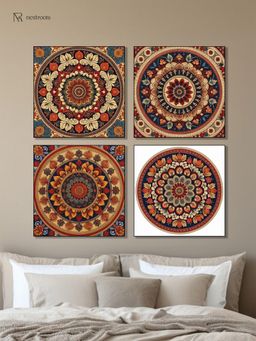 Nestroots - Traditional Floral Circle Printed Wall Painting with Black Floating Frame (Pack of 4)