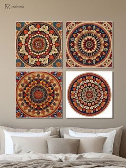 Nestroots - Traditional Floral Circle Printed Wall Painting with White Floating Frame (Pack of 4)