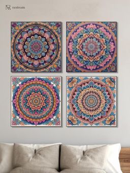 Nestroots - Intricate Mandala Flower Canvas Wall Painting with Black Floating Frame (Pack of 4)