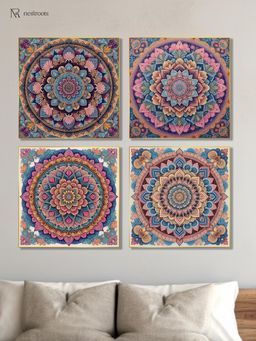 Nestroots - Intricate Mandala Flower Canvas Wall Painting with Gold Floating Frame (Pack of 4)