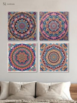 Nestroots - Intricate Mandala Flower Canvas Wall Painting with White Floating Frame (Pack of 4)