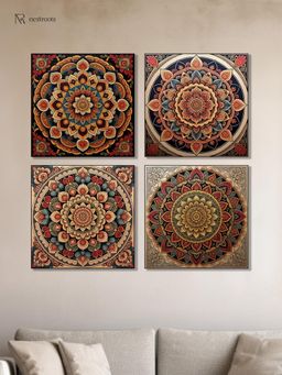 Nestroots - Vibrant Ornate Canvas Printed Wall Painting with Black Floating Frame (Pack of 4)