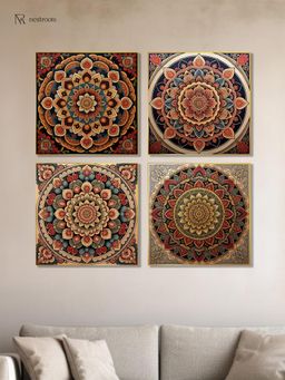 Nestroots - Vibrant Ornate Canvas Printed Wall Painting with Gold Floating Frame (Pack of 4)