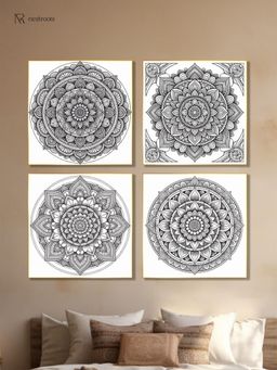 Nestroots - Circular Canvas Art Set Printed Wall Painting with Gold Floating Frame (Pack of 4)