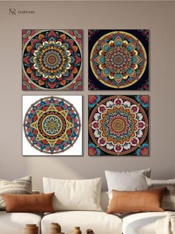 Nestroots - Vibrant Floral Circle Canvas Printed Wall Painting with Black Floating Frame (Pack of 4)