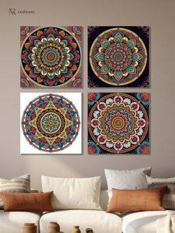 Nestroots - Vibrant Floral Circle Canvas Printed Wall Painting - Multi-Color Stretch (Pack of 4)