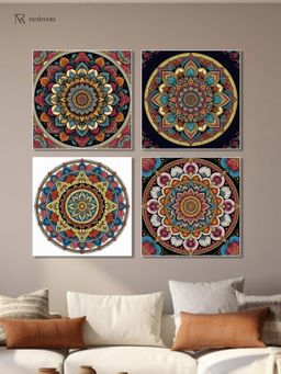 Nestroots - Vibrant Floral Circle Canvas Printed Wall Painting with White Floating Frame (Pack of 4)