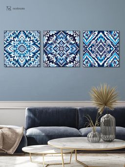 Nestroots - Blue and White Tile Collection Call Wall Painting with Black Floating Frame (Pack of 3)