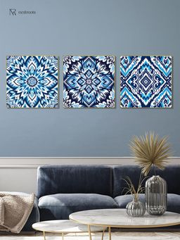 Nestroots - Blue and White Tile Collection Call Wall Painting with Gold Floating Frame (Pack of 3)