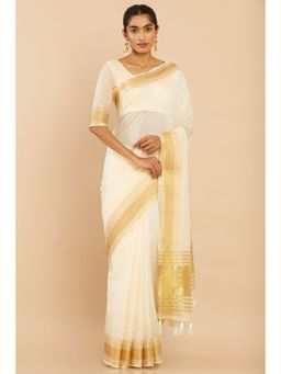 Soch - Women Beige Chanderi Solid & Plain Saree with Unstitched Blouse
