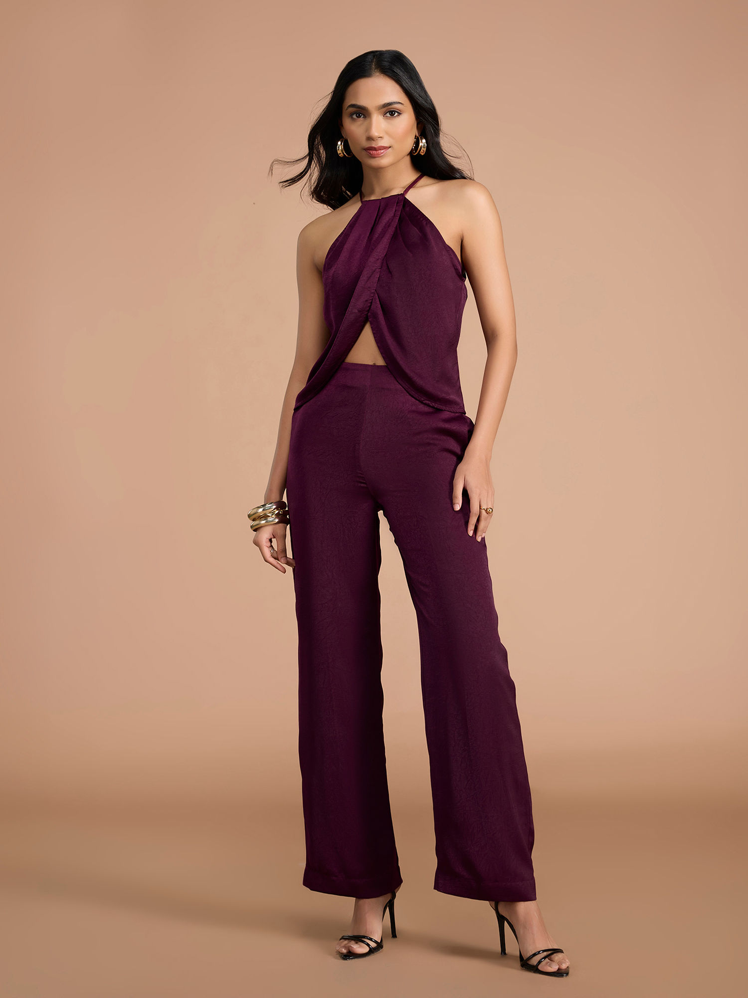 Wine Halter Neck Wrap Top with Inner Straight Pant-picture-42