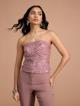 RSVP by Nykaa Fashion - Pink Sequin Tube Neck Gathered Top