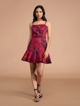 RSVP by Nykaa Fashion - Red Floral Jacquard Strappy Ruffled Hem Mini Dress with Belt
