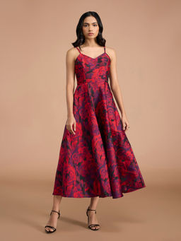 RSVP by Nykaa Fashion - Red Floral Jacquard Strappy Midi Dress