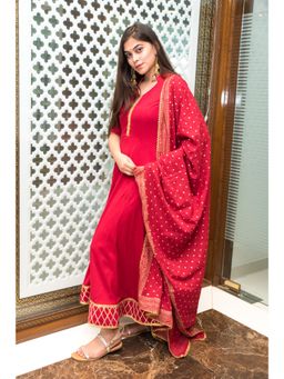 SUTRA CLOTHING - Raspberry Gold Anarkali Kurta & Pant with Dupatta (Set of 3)