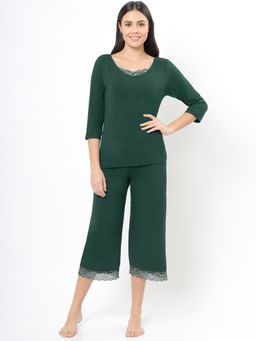Amante - Solid Round Neck Three Quarters Sleeve Sleep Top Green