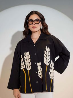 KAFTANIZE - Black Loose Fit Tropical Motif Hand Painted Shirt