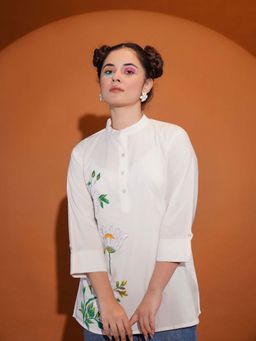 KAFTANIZE - White Mandarin Collar Flower Motif Hand Painted Shirt