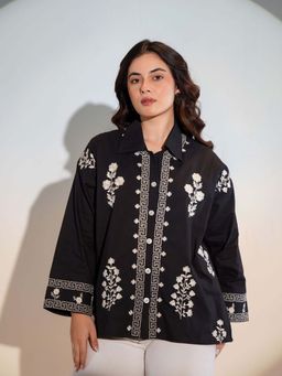 KAFTANIZE - Black Placement Floral Embroidered Shirt
