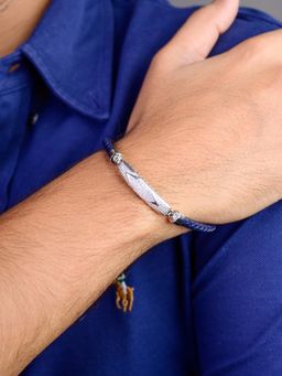 METALM - 925 Silver Cz Blue Bar Bracelet for Men