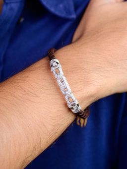 METALM - 925 Silver Cz Brown Bar Bracelet for Men