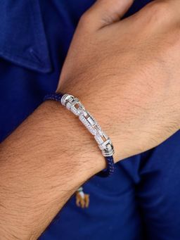 METALM - 925 Silver Cz Blue Bar Bracelet for Men