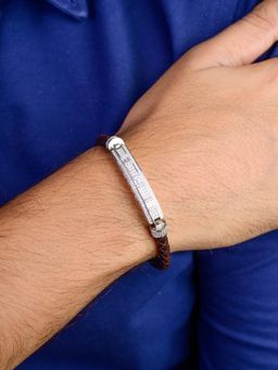 METALM - 925 Silver Cz Brown Bar Bracelet for Men