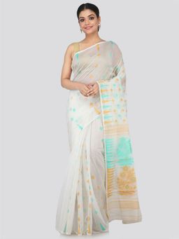 PinkLoom - Women's Soft Cotton Blend Jamdani Saree Without Blouse Piece,White