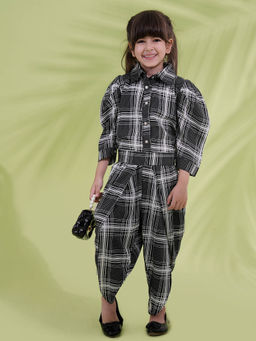 AJ Dezines - Black Cotton Blend 3-4Th Sleeves Check Print Girls Co-Ord (Set of 2)
