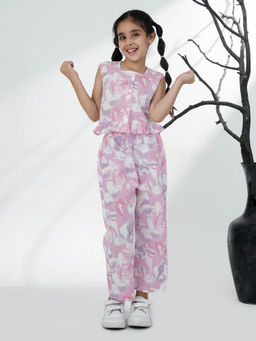 AJ Dezines - Pink Cotton Sleeveless Floral Printed Girls Co-Ord (Set of 2)