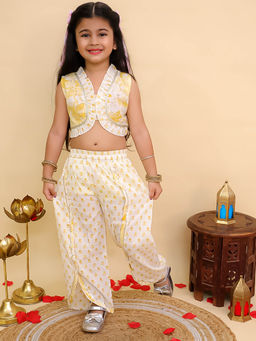 AJ Dezines - Mustard Cotton Sleeveless Floral Printed Girls Co-Ord (Set of 2)