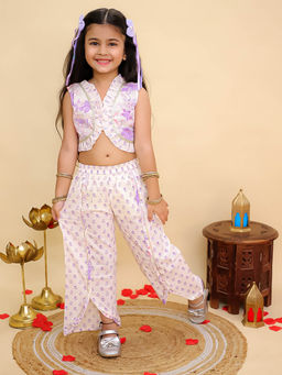 AJ Dezines - Purple Cotton Sleeveless Floral Printed Girls Co-Ord (Set of 2)