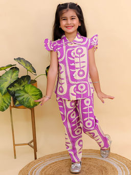 AJ Dezines - Purple Cotton Sleeveless Big Floral Print Girls Co-Ord (Set of 2)