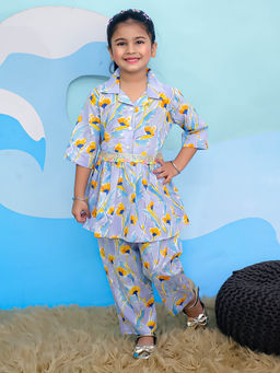 AJ Dezines - Blue Cotton 3/4Th Sleeves Floral Print Girls Co-Ord (Set of 2)