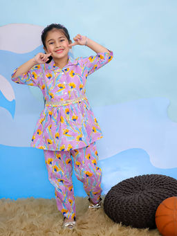 AJ Dezines - Pink Cotton 3/4Th Sleeves Floral Print Girls Co-Ord (Set of 2)