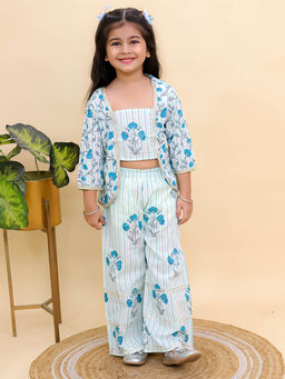 AJ Dezines - Blue Cotton 3/4 Sleeves Floral Printed Girls Co-Ord (Set of 2)