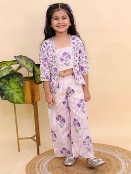 AJ Dezines - Purple Cotton 3/4 Sleeves Floral Printed Girls Co-Ord (Set of 2)
