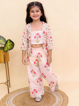 AJ Dezines - Red Cotton 3/4 Sleeves Floral Printed Girls Co-Ord (Set of 2)