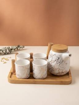 The Home Co - White Marble Tea Set with Bamboo Handle