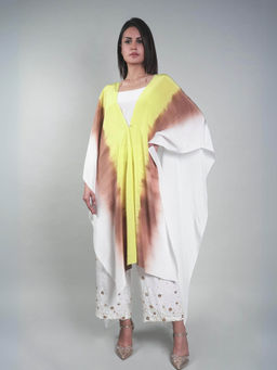 Rukinder Kumar - Yellow Ombre Crop Top with Cape and Beaded Pant (Set of 3)