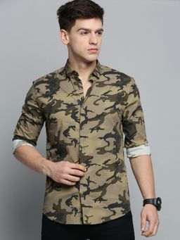 SHOWOFFFF - Mens Spread Collar Olive Printed Shirt