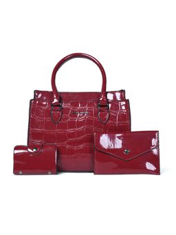 Pelle Luxur - Women Red Brown Satchel Bag with Pouches (M) Set of 3