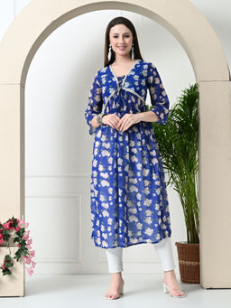 MYSHKA - Blue Printed Georgette A-Line Nyra Cut Kurta