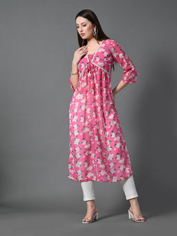 MYSHKA - Pink Printed Georgette A-Line Nyra Cut Kurta