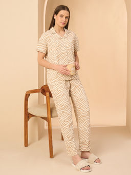 Sweet Dreams - Women Printed Beige Shirt & Pyjama
