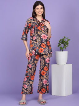 Sweet Dreams - Women Floral Print Black Top & Pyjama
