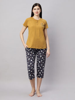 Quira - Women Yellow Printed Cotton Night T-shirt & Capri