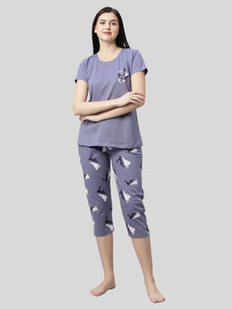 Quira - Women Purple Printed Cotton Night T-shirt & Capri