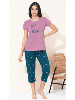 Quira - Women Pink Printed Cotton Night T-shirt & Capri