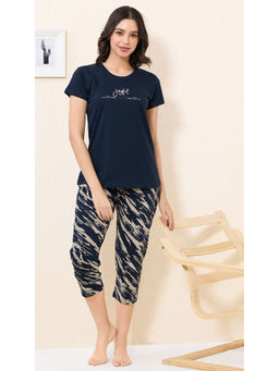 Quira - Women Navy Blue Printed Cotton Night T-shirt & Capri